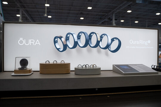 View of Oura Ring smart wearable display in retail store. Toronto, Canada - August 5, 2026.