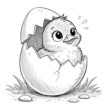 Cute cartoon chick hatching from a cracked egg on grass