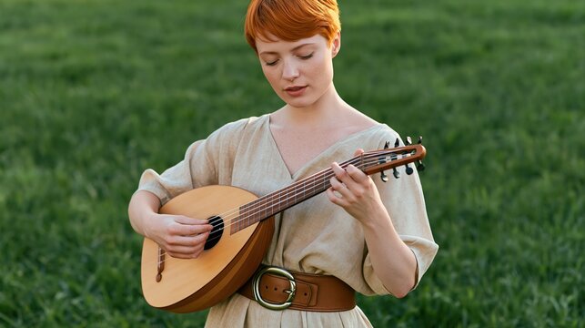Beautiful woman with red hair playing lute in grassy field