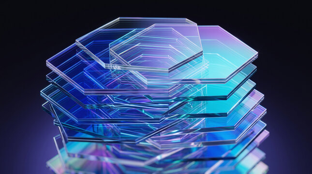 Abstract 3D render of layered hexagonal glass sheets creating a dynamic and modern visual. Glossy surfaces reflect vibrant color the intricate structure and futuristic design elements.