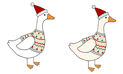 Set of white geese wearing red santa hats and patterned christmas sweaters suitable for seasonal holiday greeting cards winter decorations and festive marketing projects © Viktoriia