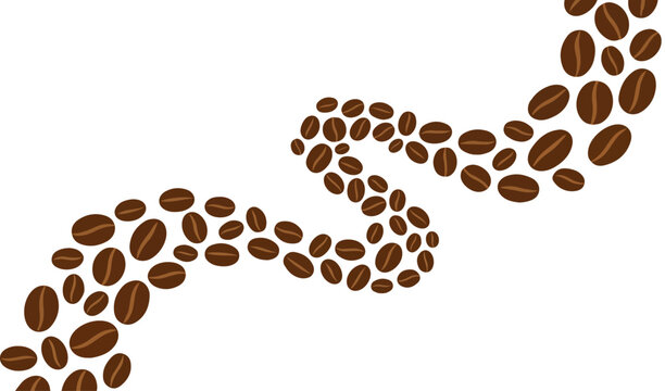 Roasted coffee beans flowing in wavy path, brown coffee bean trail on white background, organic coffee seed vector illustration