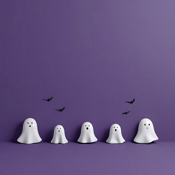 A row of cute white ghosts with flying black bats on a solid purple background for halloween