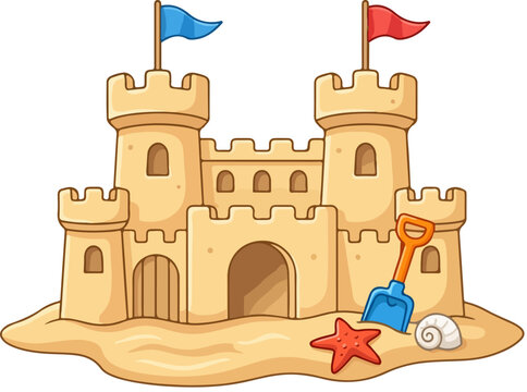 Cartoon sandcastle with flags and shovel, beach sand castle vector illustration, summer vacation sand sculpture on white background