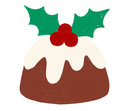 Traditional Christmas pudding dessert with white frosting icing sugar cream top and green holly leaves with red berries for holiday food menu graphic design and seasonal greeting cards