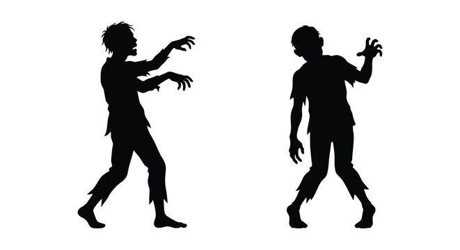 Two zombie silhouettes depict decaying figures with outstretched arms against a white background