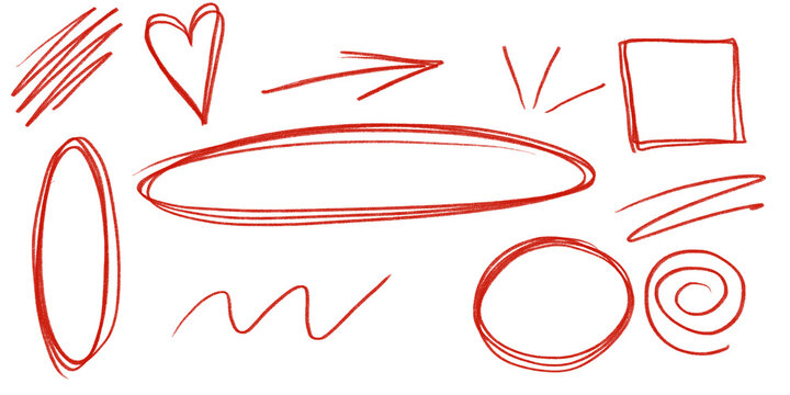 Set of red handwritten marker scribbles arrows hearts circles and highlights for emphasis in business presentations documents and educational materials