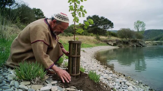 Kneeling senior cap robe placing tree guard into fresh hole on shore, protecting sapling