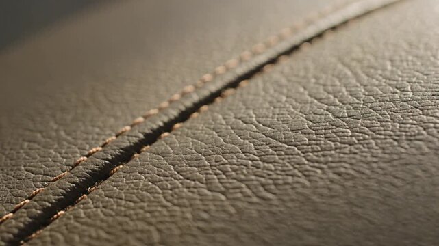Panning camera revealing stitched seam in cabin, highlighting leather grain and orange-brown thread