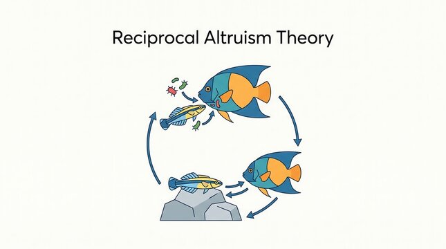 Reciprocal altruism theory infographic showing cleaner fish interacting with client fish in ocean