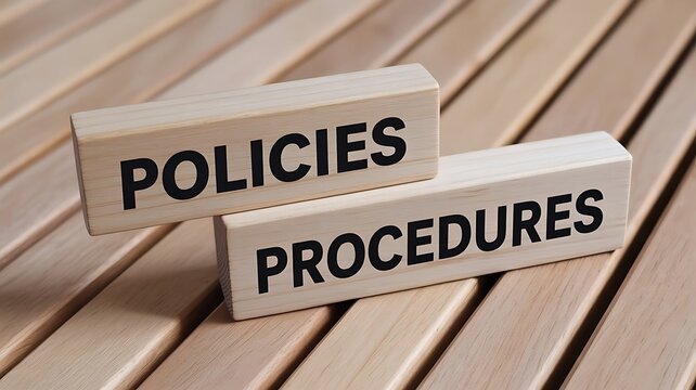 Wooden blocks with the words policies and procedures printed on them, arranged on a slatted wooden surface representing corporate compliance standards