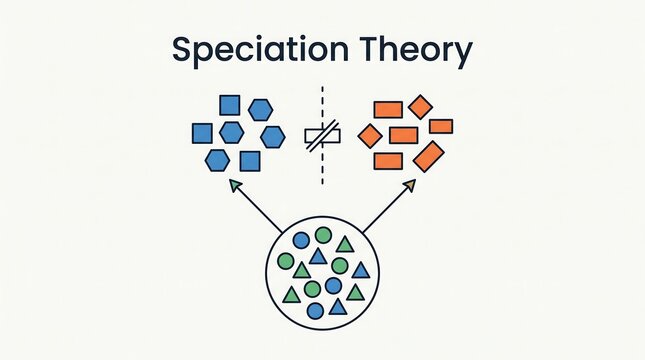 Speciation theory illustration showing reproductive isolation causing divergence of a single population into two distinct species of shapes