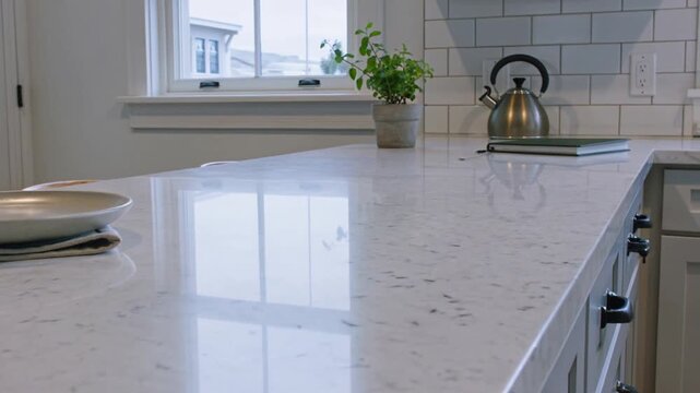 Panning camera revealing quartz countertop at kitchen island, showing plates, kettle, herb
