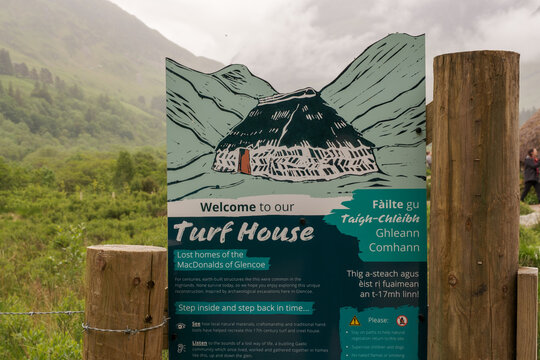 Turf House Historic Sign at Glencoe in Scottish Highlands