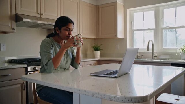 Glancing at laptop, woman in green top lifting mug, sipping refocusing at kitchen island