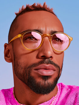 Minimal close-up in translucent round glasses reflecting green and pink light. Perfect for optical branding, beauty editorials, and modern fashion ads.