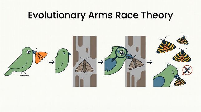 Evolutionary arms race theory diagram showing bird predation and moth camouflage adaptation in a modern flat vector illustration style