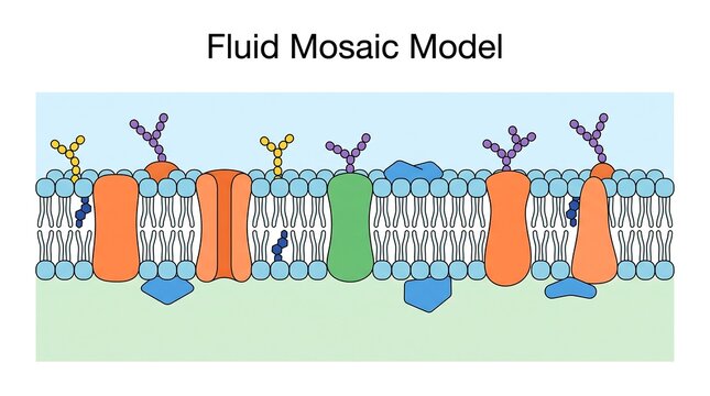 Fluid mosaic model of cell membrane structure showing phospholipids and proteins in vector