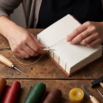 Close Up of Hands Sewing Pages for Handmade Book Binding