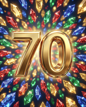 Golden 70 surrounded by colorful gems on dark background celebrating 70th birthday.