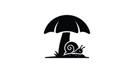 A black silhouette depicts a snail resting beneath a mushroom on white ground © rasi999