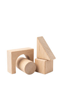 Natural Wooden Geometric Toy Blocks Isolated on White Transparent Background