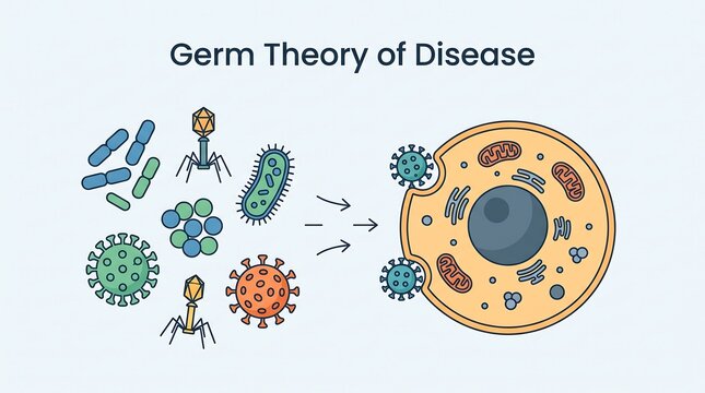 Germ theory of disease illustration showing bacterial and viral infection of a eukaryotic cell for medical education