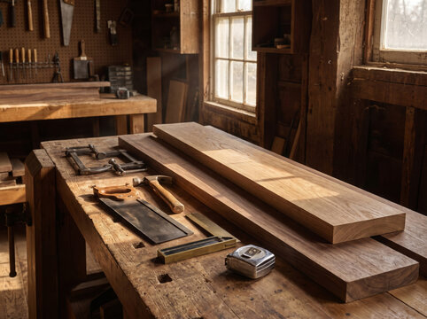Wood Planks and Hand Tools on Carpentry Workbench, Traditional Woodworking and Craftsmanship Concept, Ideal for Furniture Making and DIY Workshop Promotion
