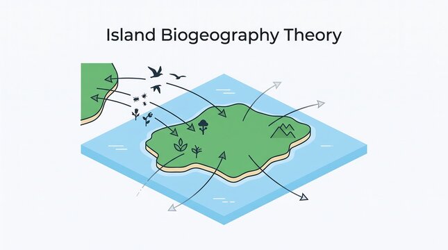 Island biogeography theory diagram showing species colonization and extinction rates on a remote island compared to a mainland source population