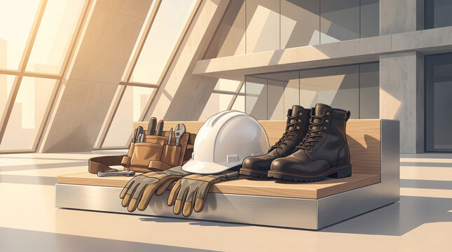 Hardhat Toolbelt Work Boots and Safety Gloves on Modern Industrial Bench, Occupational Safety and Engineering Concept, Ideal for Construction Architecture and Corporate Labor Campaigns