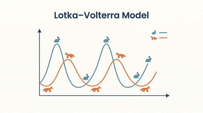 Lotka Volterra model graph showing cyclical population oscillations of prey and predator species over time in a simple mathematical model