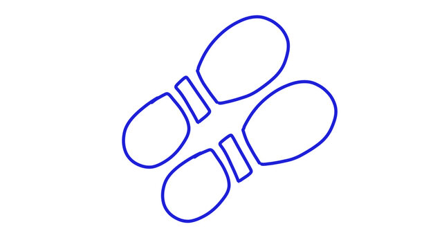 Simple blue outline icon of a pair of boot footprints or shoe prints representing steps, walking, and direction, isolated on transparent background.