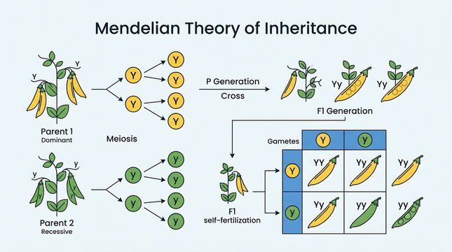 Mendelian theory of inheritance showing pea plant genetics and punnett square in a professional vector infographic