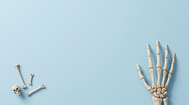 Human skeleton hand and scattered bones isolated on a solid light blue background with copy space