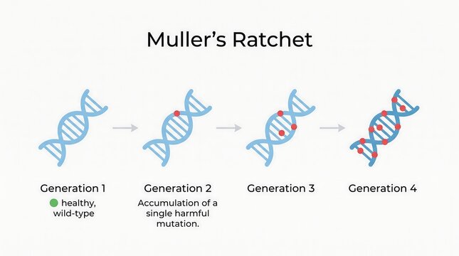 Muller's ratchet diagram showing accumulation of harmful mutations over generations in DNA strands