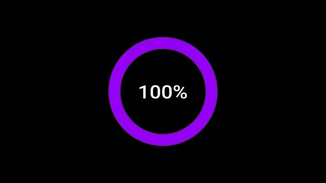 Purple circular loading progress bar animation with percentage counter on black background, circle 4k Motion video