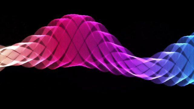 Abstract neon wave motion background: glowing pink and blue digital flowing energy particles