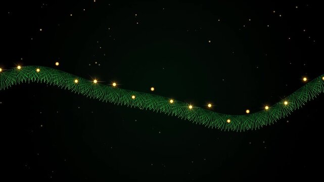 Abstract green wave motion with glowing particle lights on dark background