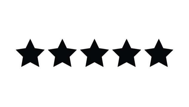 Stars aligned horizontally in a simple row representing a five star rating system symbol isolated against a plain white background for minimalist graphical design projects.