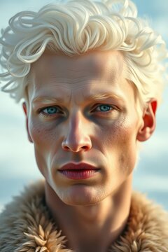 Close-up portrait of a handsome man with curly white hair and striking blue eyes