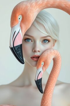 Fine art fashion portrait of a beautiful blonde woman framed by pink flamingos