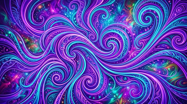 Psychedelic purple swirl background, vibrant neon blue spiral pattern, abstract trippy fractal art texture for creative design