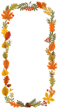 Autumn rectangle frame with rowan berries and oak leaf border surrounding aspen and chestnut foliage. Vector wreath leaves open copy space at center, fitting cards, posters and seasonal invitations