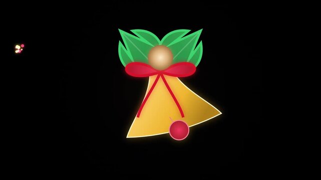 Animated golden christmas bell with festive holly and red ribbon on black background