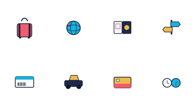 Animated travel icon set: luggage, passport, globe, and transportation symbols for global tourism