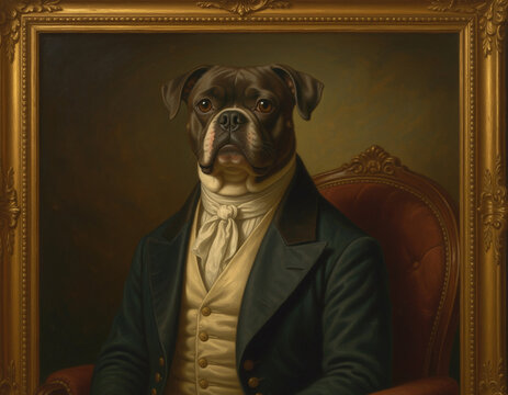 Portrait of a serious English Bulldog seated in an ornate gilded frame, wearing a dark blue jacket and white cravat against a warm, dramatic studio background.