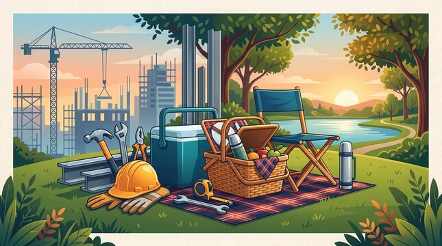  Illustration of Relaxing outdoor picnic scene with friends by the water.