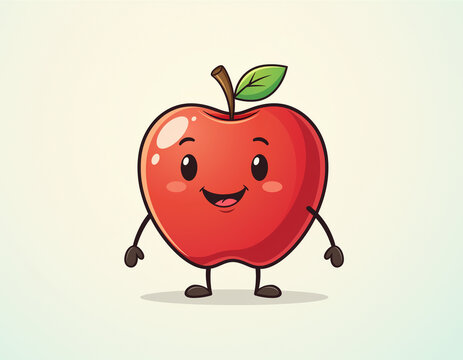 Cartoon red apple character standing on white background, featuring bright glossy texture, green leaf detail, happy expression, and playful illustration style
