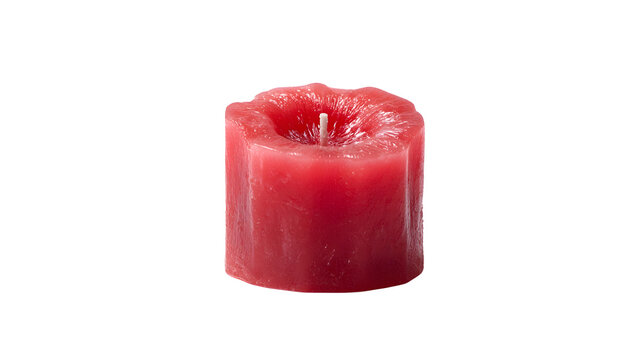 Textured red paraffin pillar candle with unlit wick, isolated on transparent background for holiday decor and celebration designs
