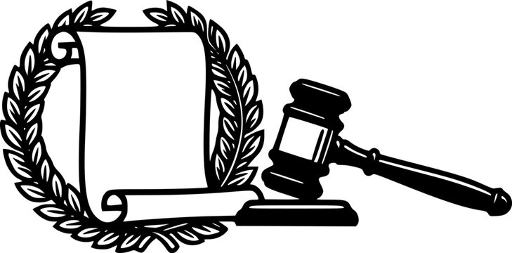 Black and white vintage illustration of a judge gavel with blank scroll parchment and laurel wreath representing law justice legal authority and official certification for legal and court themed desig